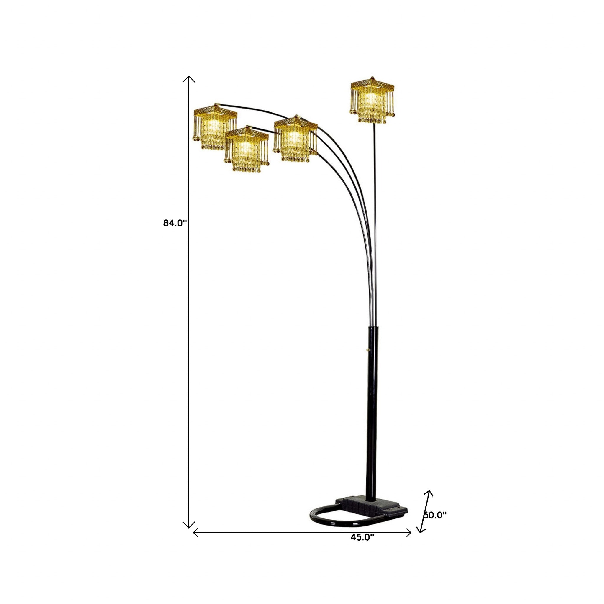 84" Black Four Light Arc Floor Lamp With Clear Crystal Glass Chandelier Shade - GreatEagleInc