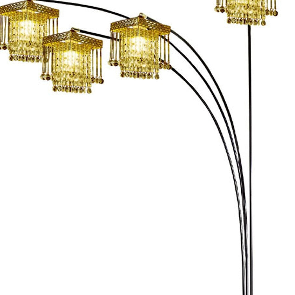 84" Black Four Light Arc Floor Lamp With Clear Crystal Glass Chandelier Shade - GreatEagleInc