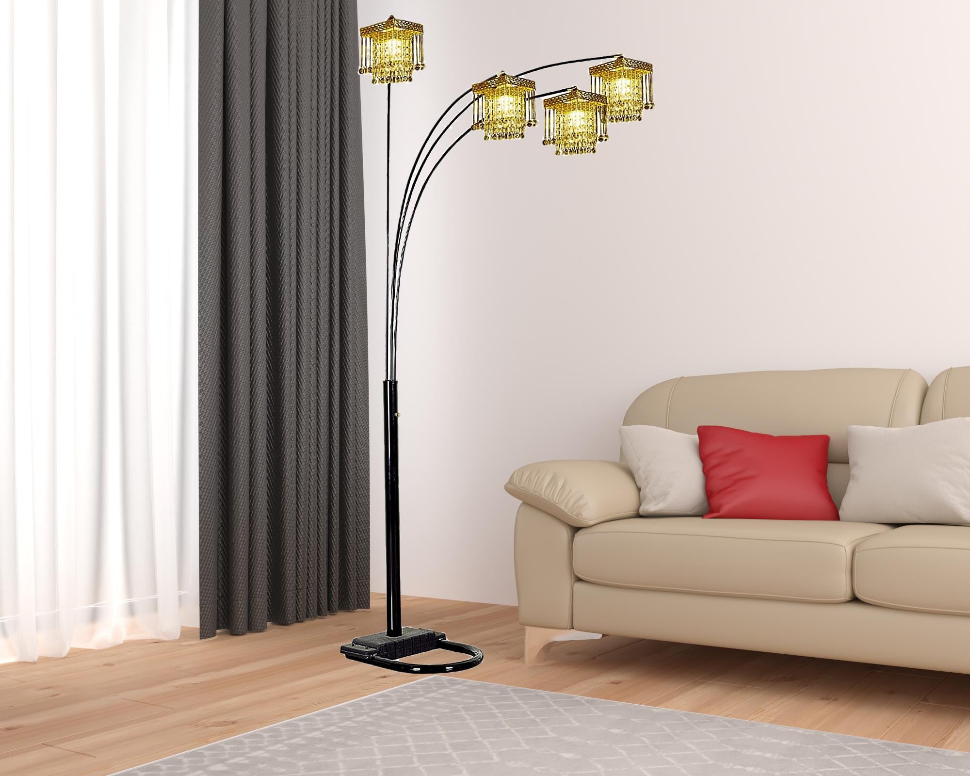 84" Black Four Light Arc Floor Lamp With Clear Crystal Glass Chandelier Shade - GreatEagleInc