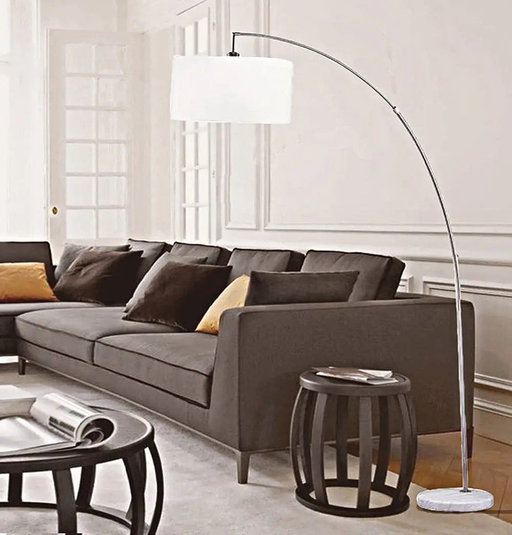 86" White And Silver Arc Floor Lamp With White Drum Shade - GreatEagleInc