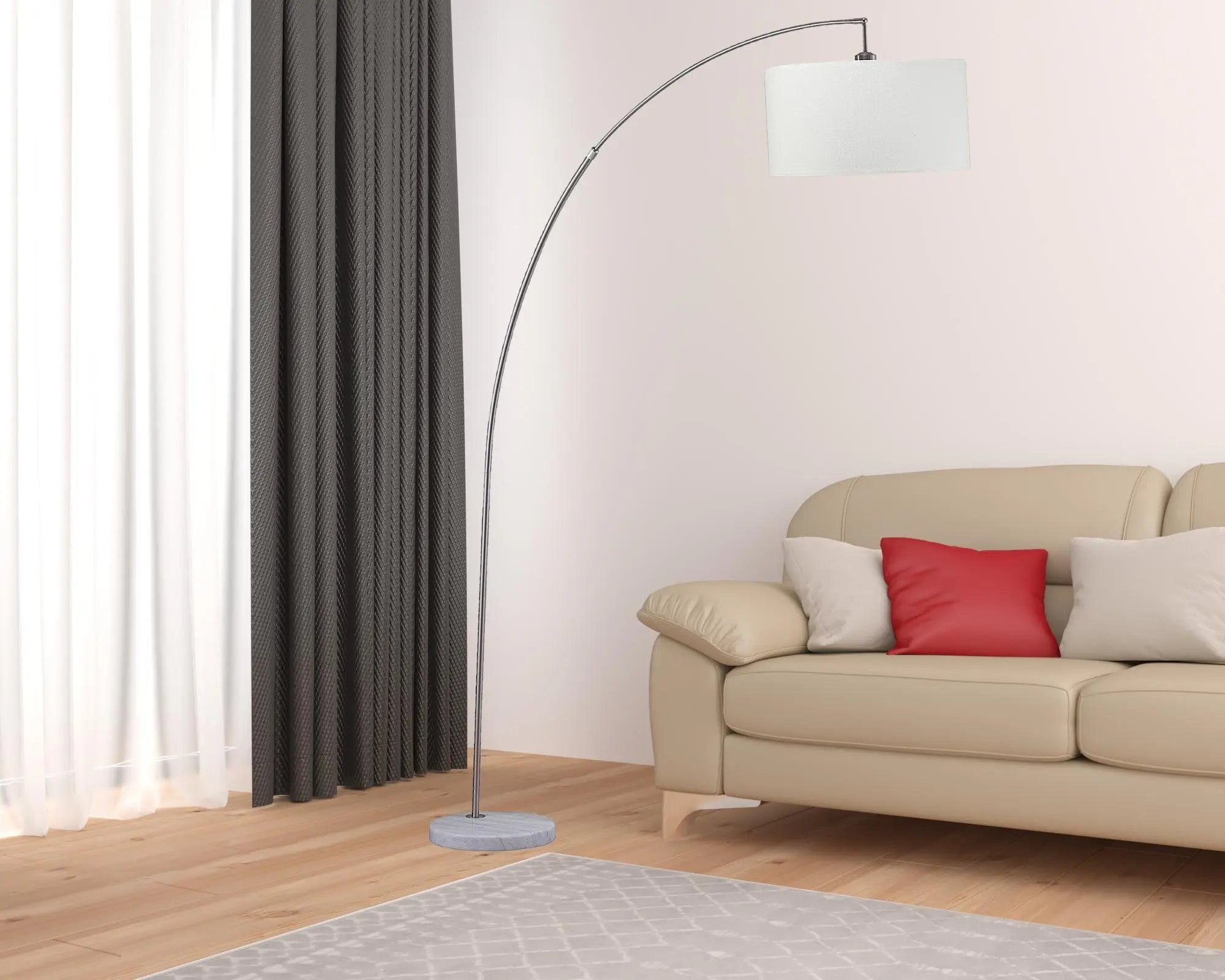 86" White And Silver Arc Floor Lamp With White Drum Shade - GreatEagleInc