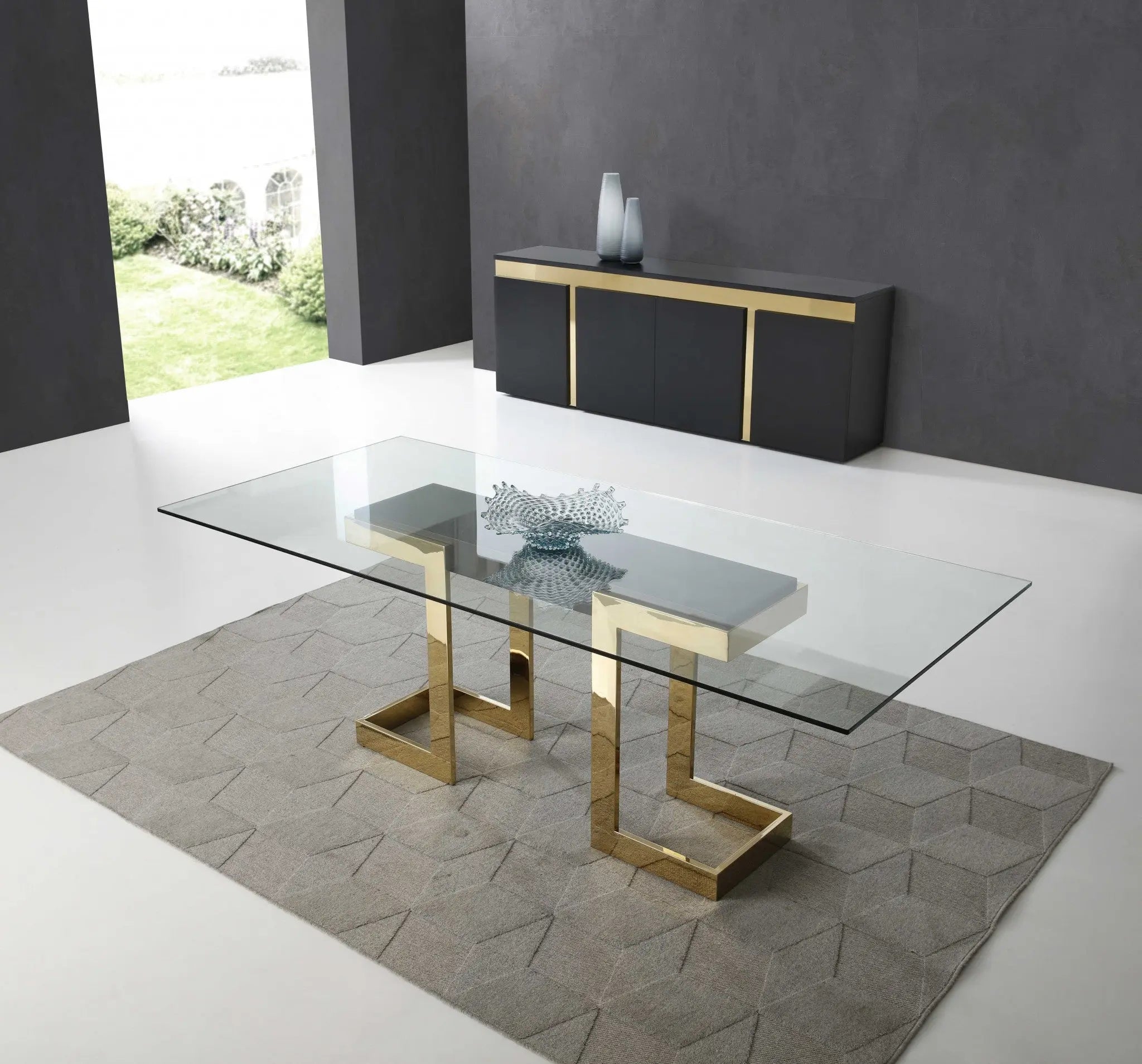 87" Clear And Gold Glass And Stainless Steel Double Pedestal Base Dining Table Homeroots Kitchen & Dining