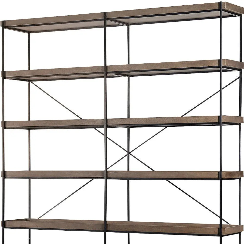 88" Black And Brown Iron and Wood Five Tier Bookcase - GreatEagleInc