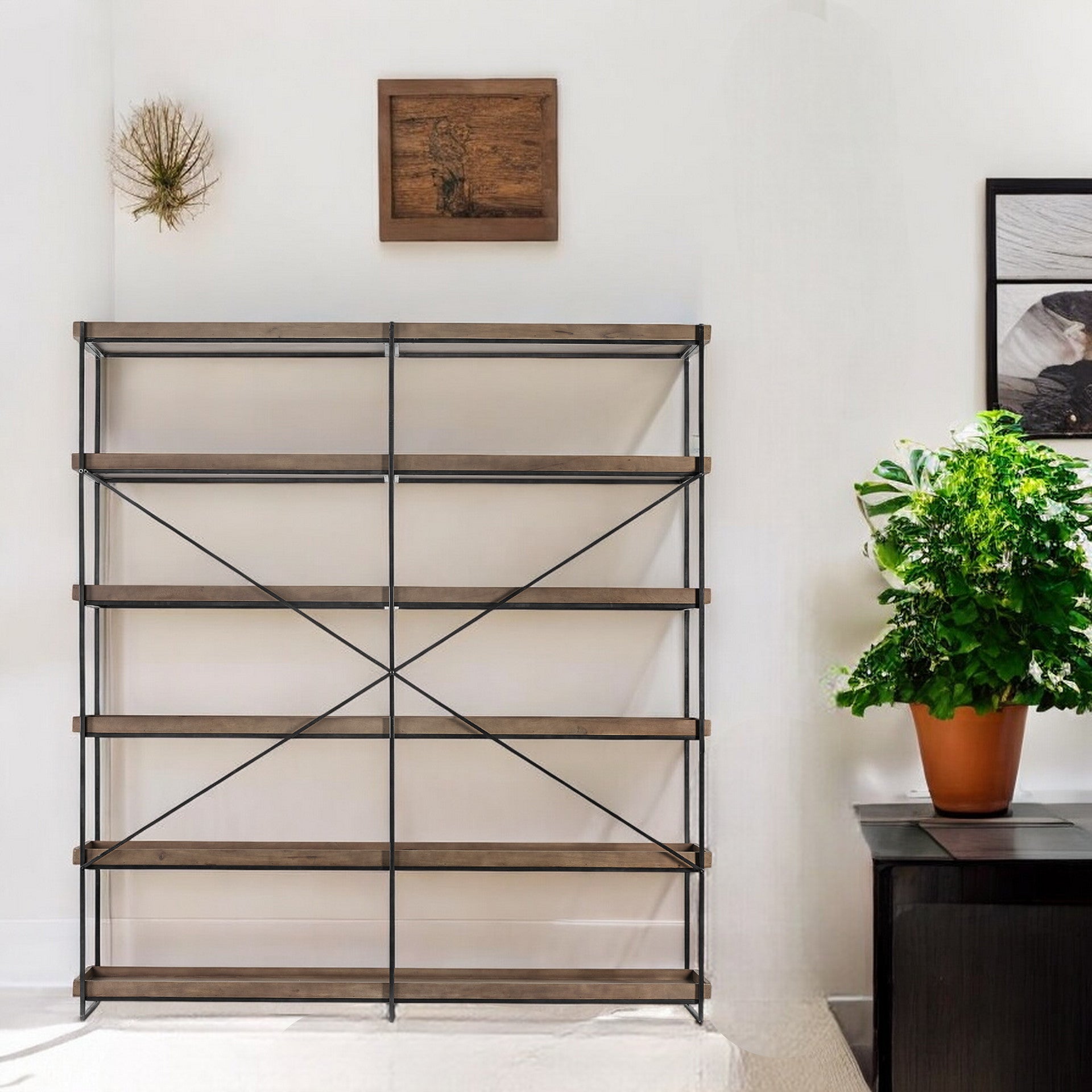 88" Black And Brown Iron and Wood Five Tier Bookcase - GreatEagleInc