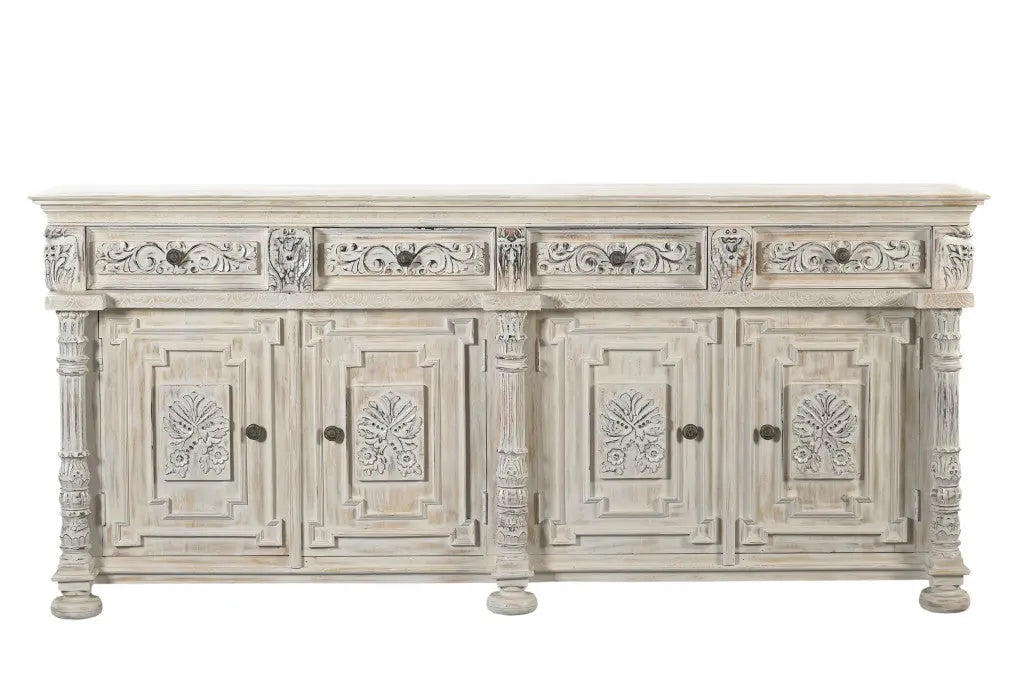 89" White Distressed Solid Wood Carved Scrollwork Four Drawer Sideboard with Four Doors Homeroots Kitchen & Dining