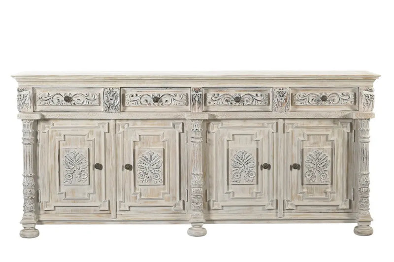 89" White Distressed Solid Wood Carved Scrollwork Four Drawer Sideboard with Four Doors Homeroots Kitchen & Dining