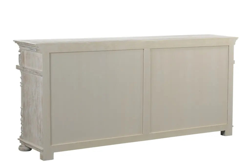 89" White Distressed Solid Wood Carved Scrollwork Four Drawer Sideboard with Four Doors Homeroots Kitchen & Dining