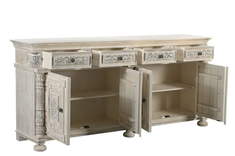 89" White Distressed Solid Wood Carved Scrollwork Four Drawer Sideboard with Four Doors Homeroots Kitchen & Dining