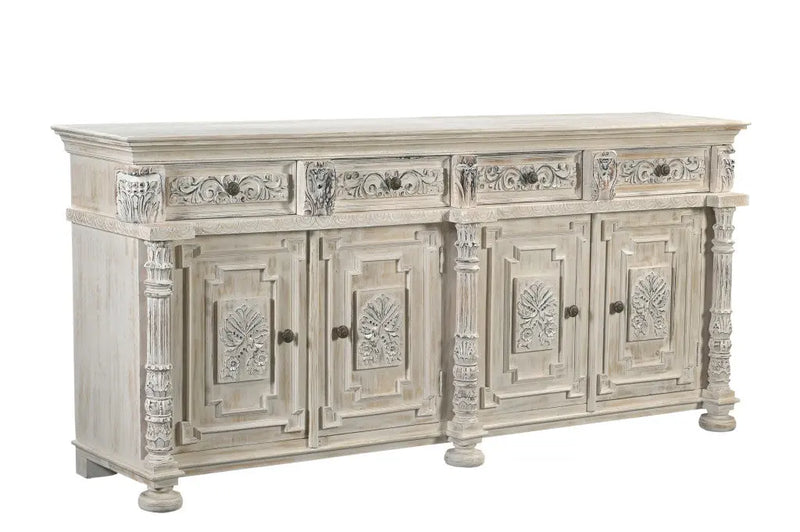 89" White Distressed Solid Wood Carved Scrollwork Four Drawer Sideboard with Four Doors Homeroots Kitchen & Dining