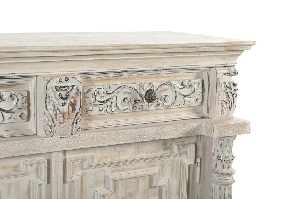 89" White Distressed Solid Wood Carved Scrollwork Four Drawer Sideboard with Four Doors Homeroots Kitchen & Dining