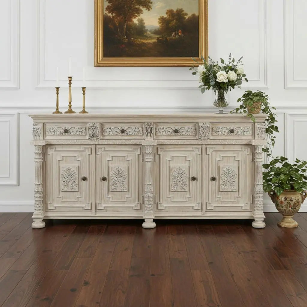 89" White Distressed Solid Wood Carved Scrollwork Four Drawer Sideboard with Four Doors Homeroots Kitchen & Dining