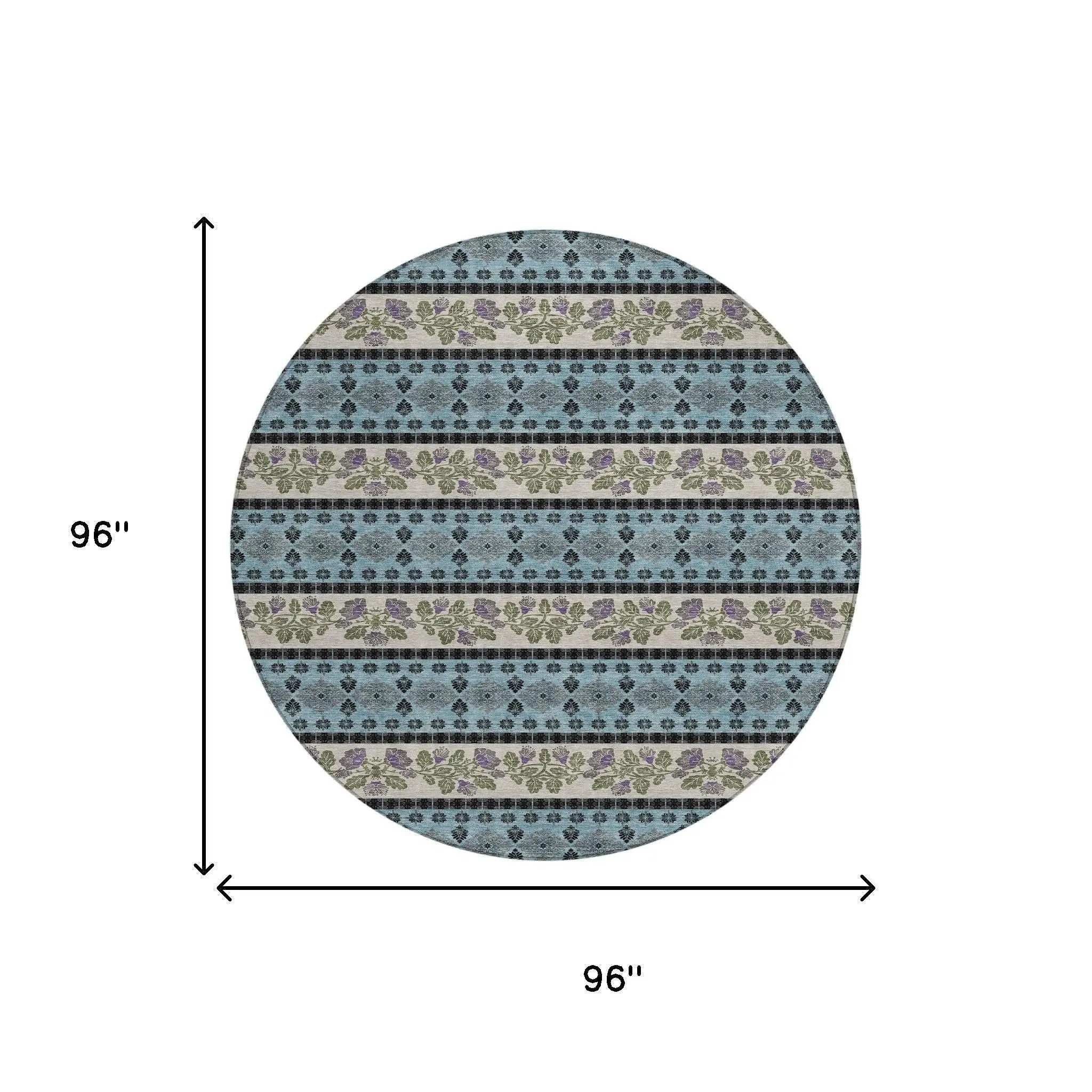 8' Aqua And Charcoal Round Striped Washable Indoor Outdoor Area Rug Homeroots Outdoor
