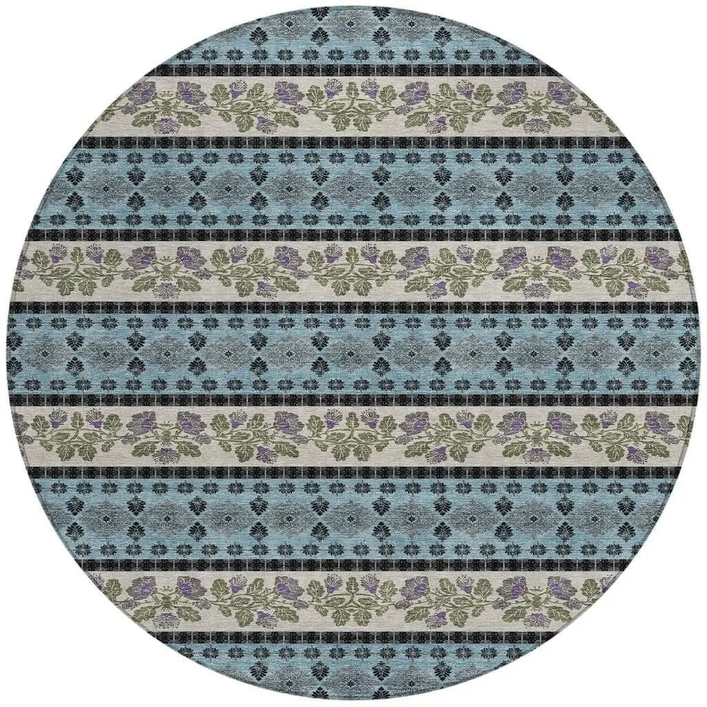8' Aqua And Charcoal Round Striped Washable Indoor Outdoor Area Rug Homeroots Outdoor