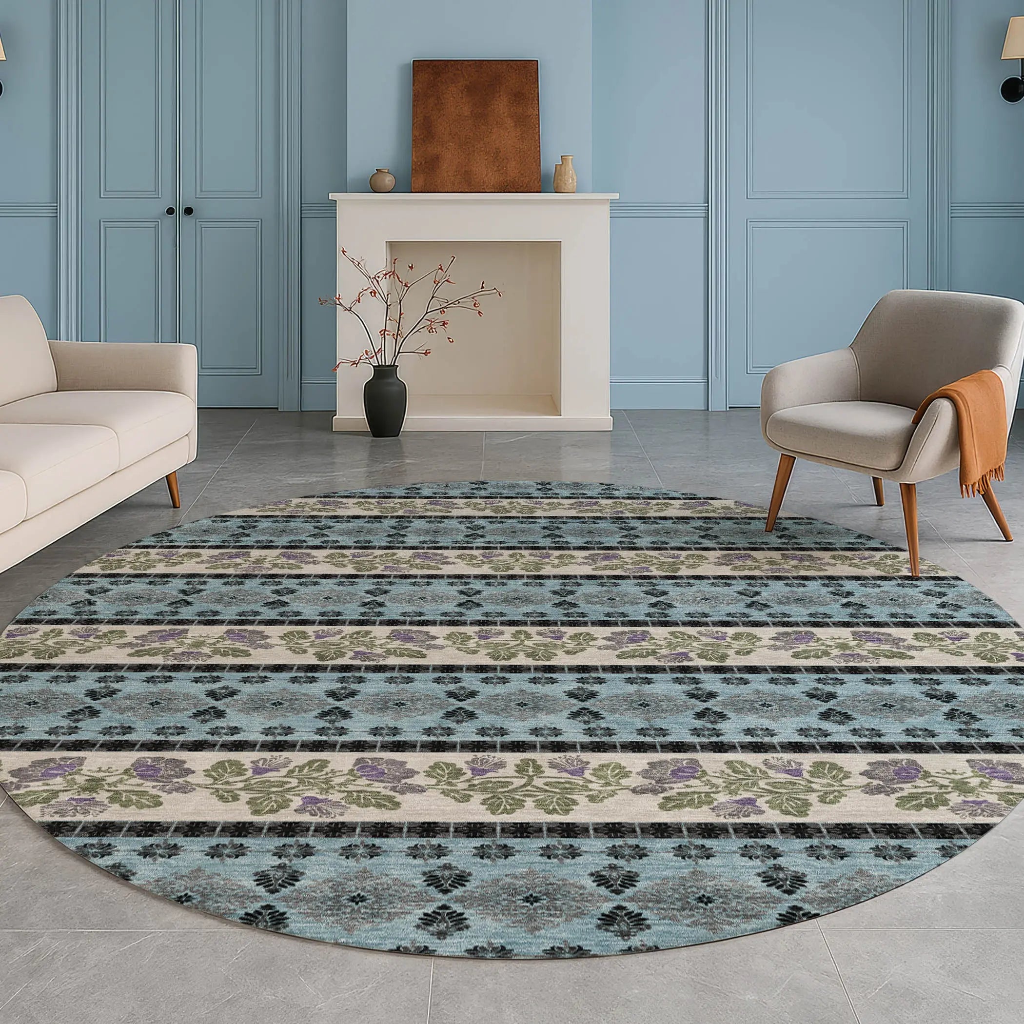 8' Aqua And Charcoal Round Striped Washable Indoor Outdoor Area Rug Homeroots Outdoor