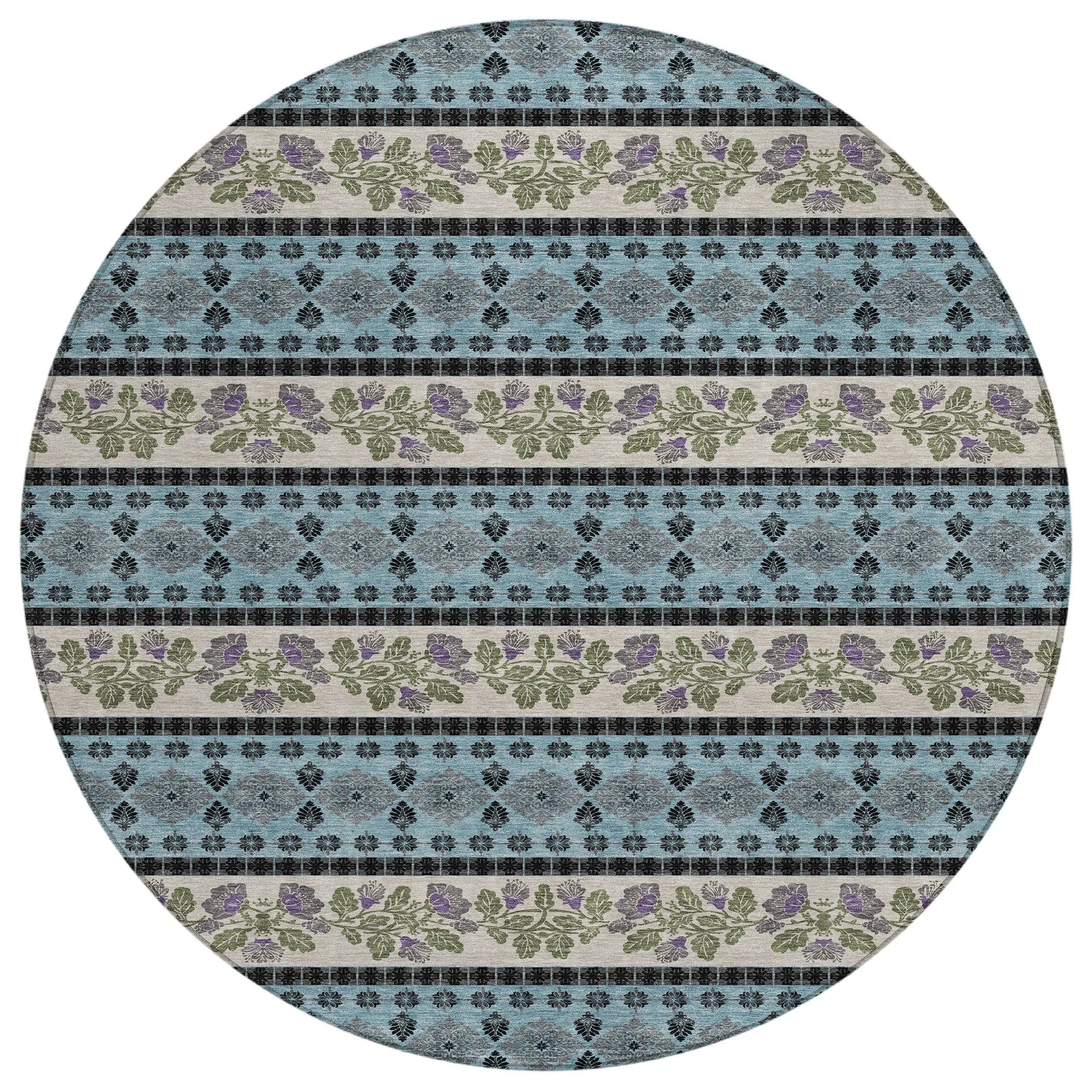 8' Aqua And Charcoal Round Striped Washable Indoor Outdoor Area Rug Homeroots Outdoor