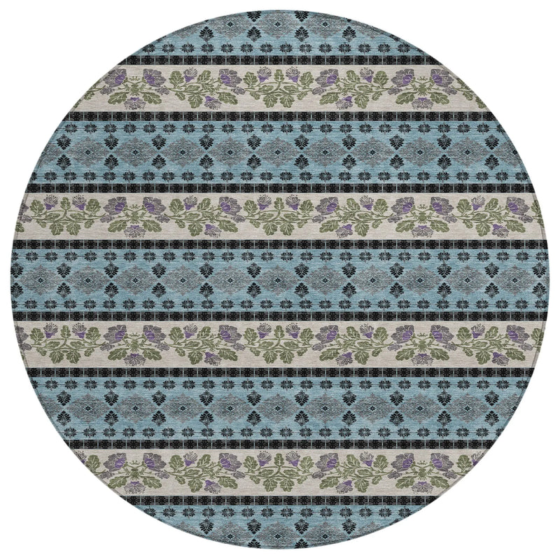 8' Aqua And Charcoal Round Striped Washable Indoor Outdoor Area Rug Homeroots Outdoor
