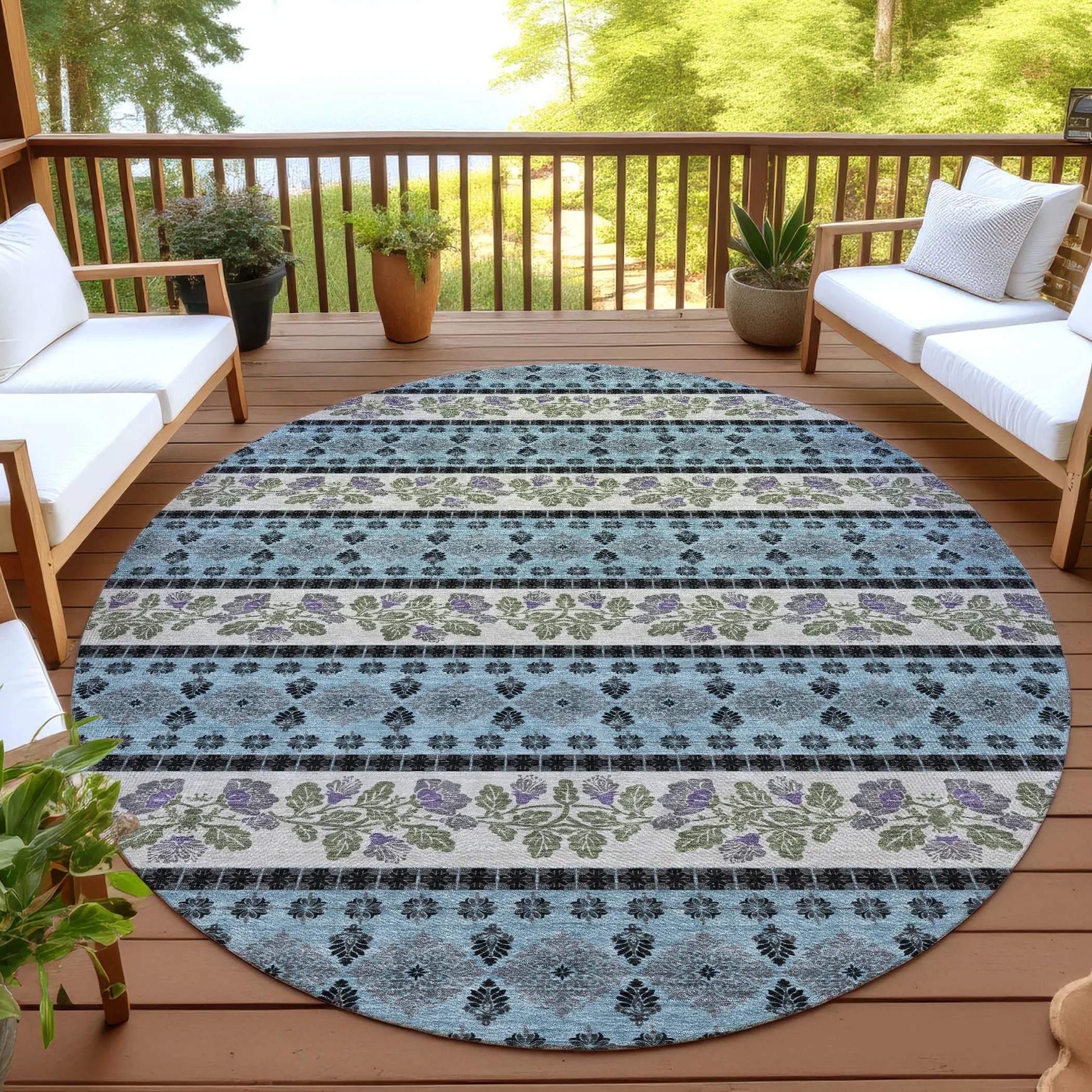 8' Aqua And Charcoal Round Striped Washable Indoor Outdoor Area Rug Homeroots Outdoor