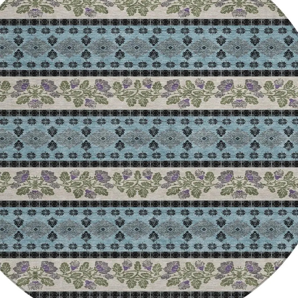 8' Aqua And Charcoal Round Striped Washable Indoor Outdoor Area Rug Homeroots Outdoor