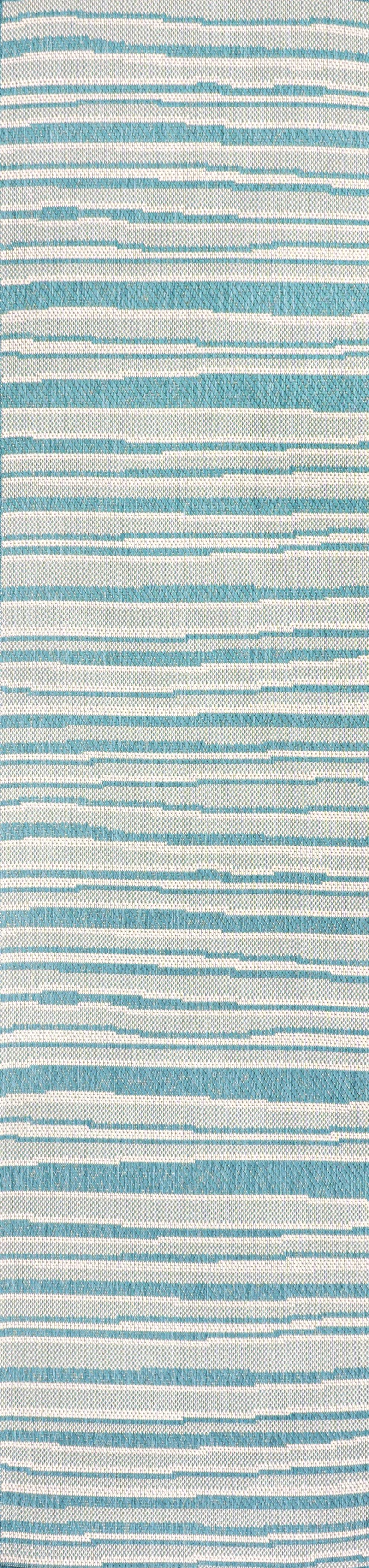 8' Aqua And Cream Striped Indoor Outdoor Runner Rug - GreatEagleInc