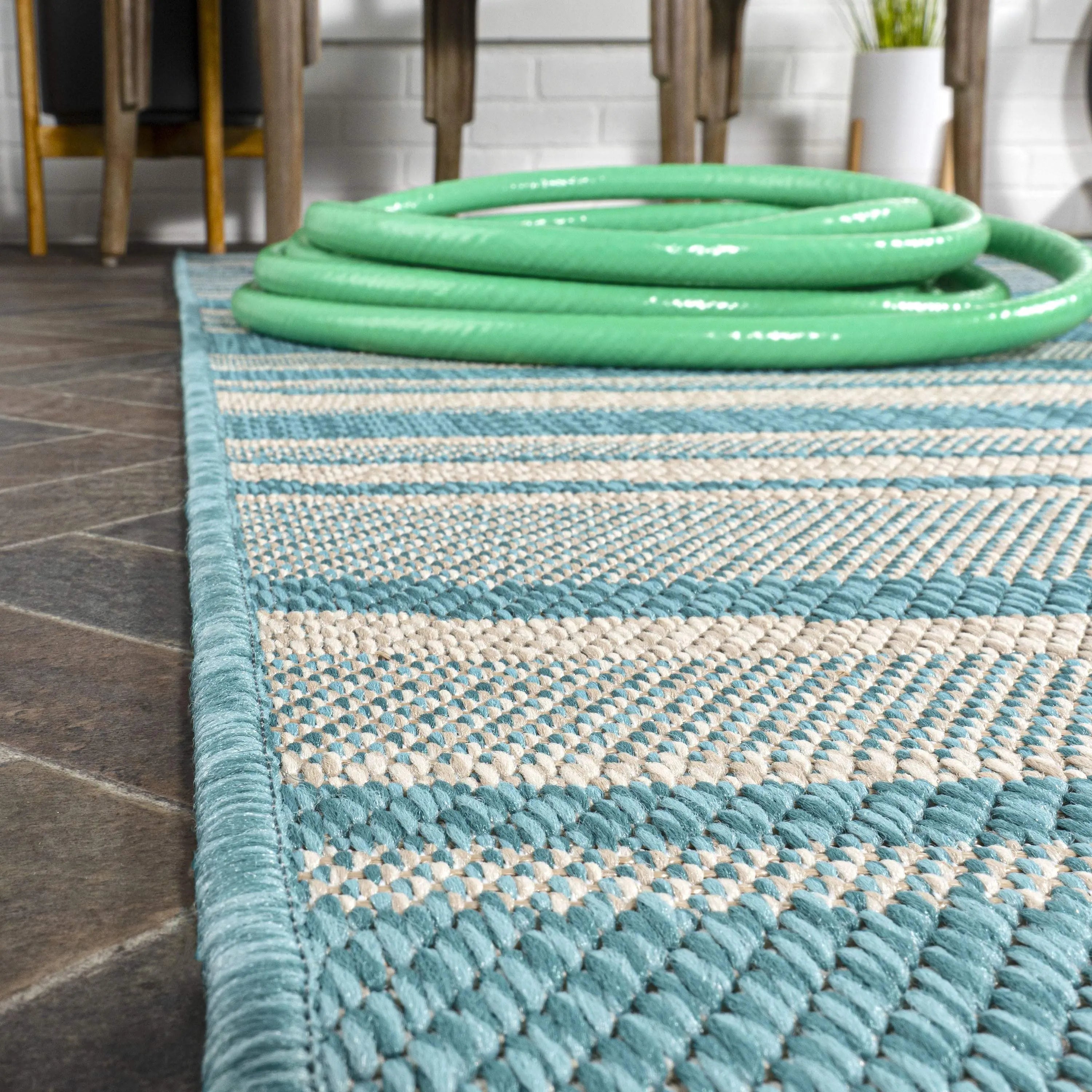 8' Aqua And Cream Striped Indoor Outdoor Runner Rug - GreatEagleInc