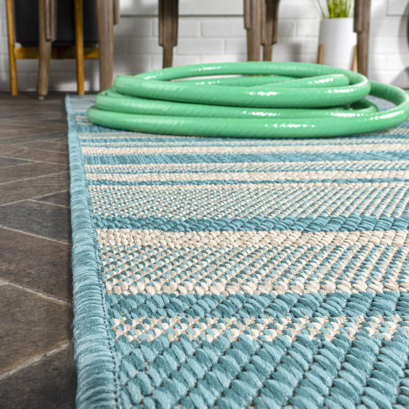 8' Aqua And Cream Striped Indoor Outdoor Runner Rug - GreatEagleInc