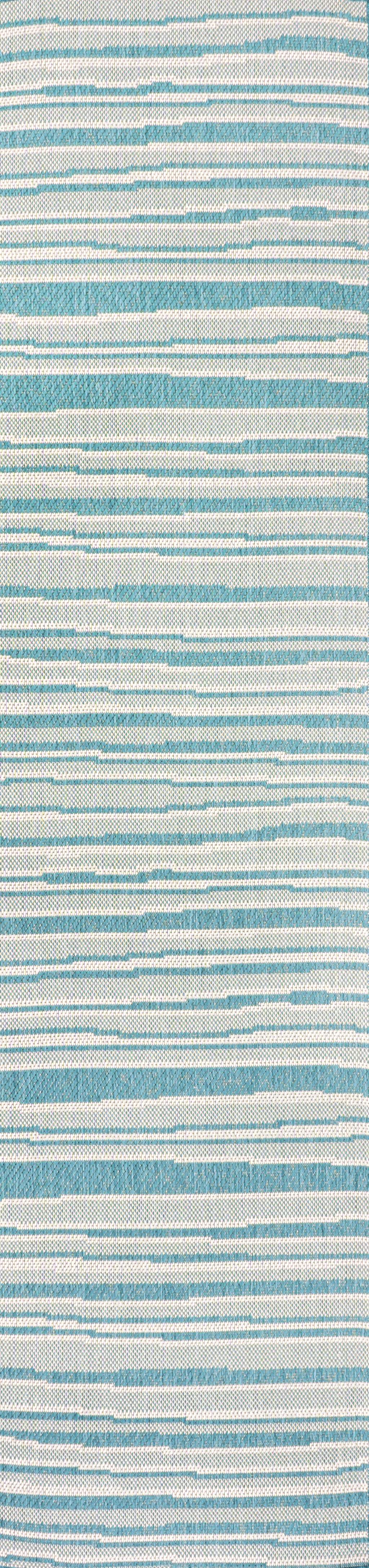 8' Aqua And Cream Striped Indoor Outdoor Runner Rug - GreatEagleInc