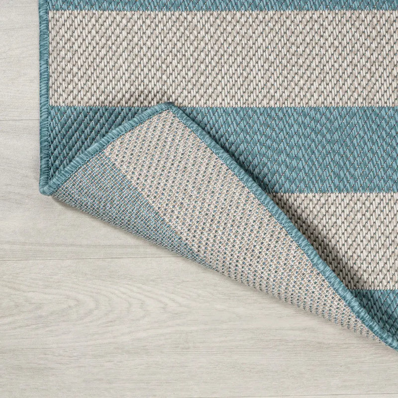 8' Aqua And Cream Striped Indoor Outdoor Runner Rug - GreatEagleInc