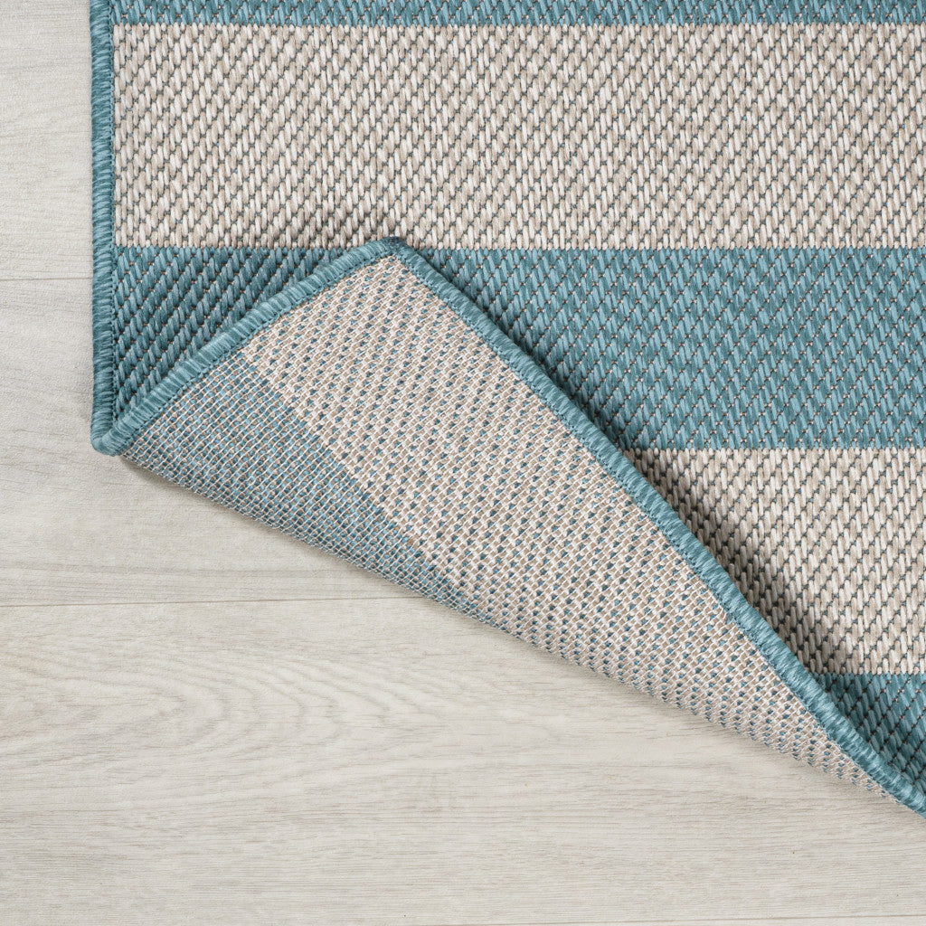 8' Aqua And Cream Striped Indoor Outdoor Runner Rug - GreatEagleInc