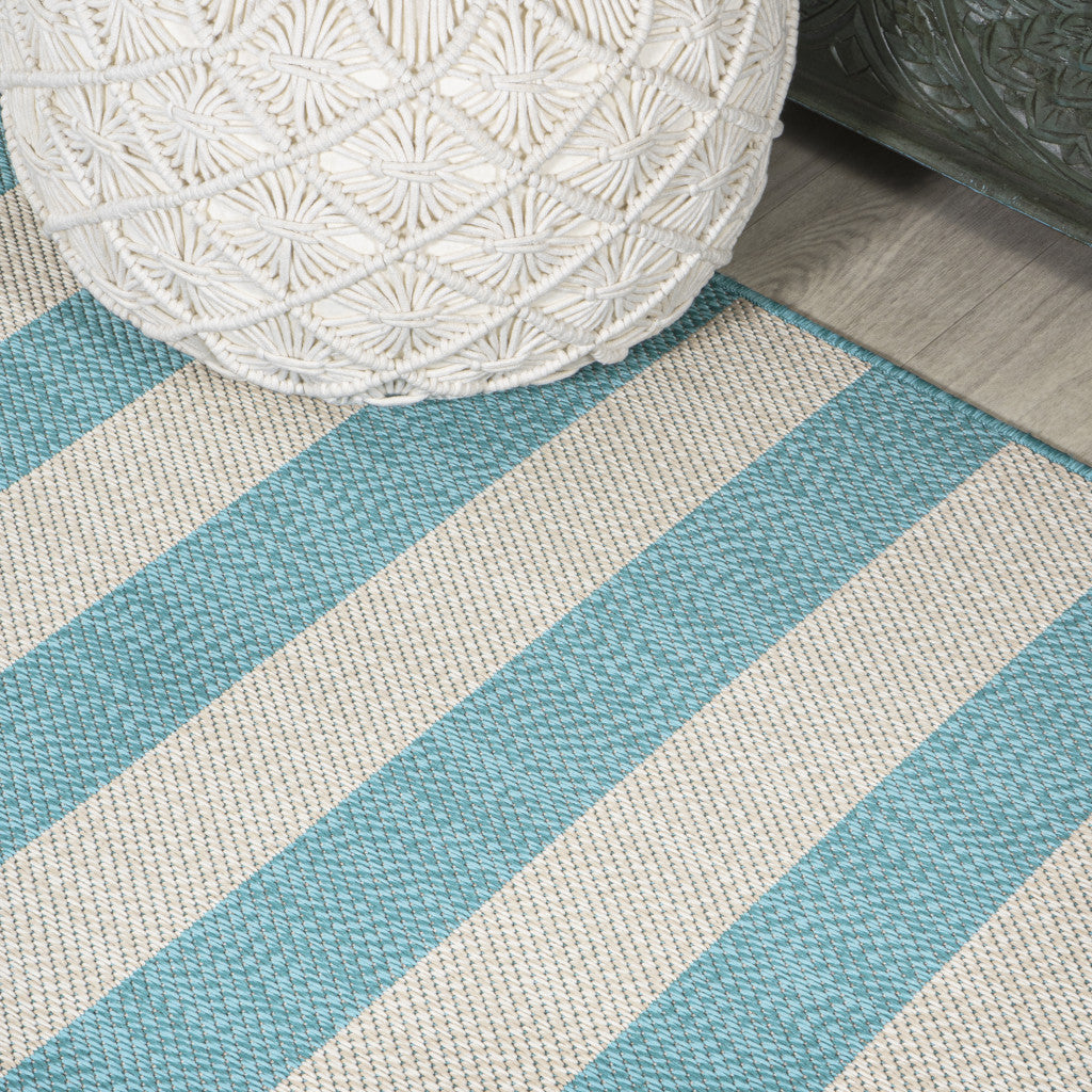 8' Aqua And Cream Striped Indoor Outdoor Runner Rug - GreatEagleInc