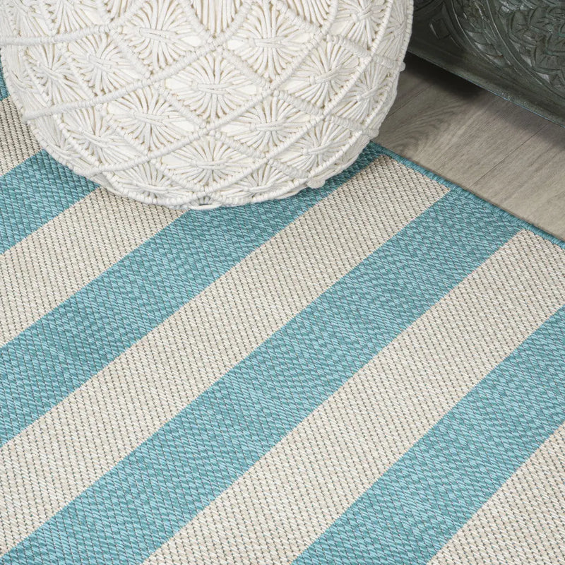 8' Aqua And Cream Striped Indoor Outdoor Runner Rug - GreatEagleInc