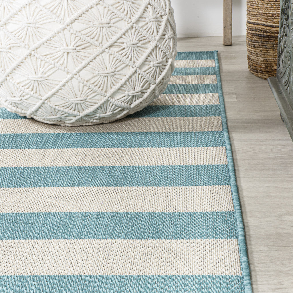 8' Aqua And Cream Striped Indoor Outdoor Runner Rug - GreatEagleInc
