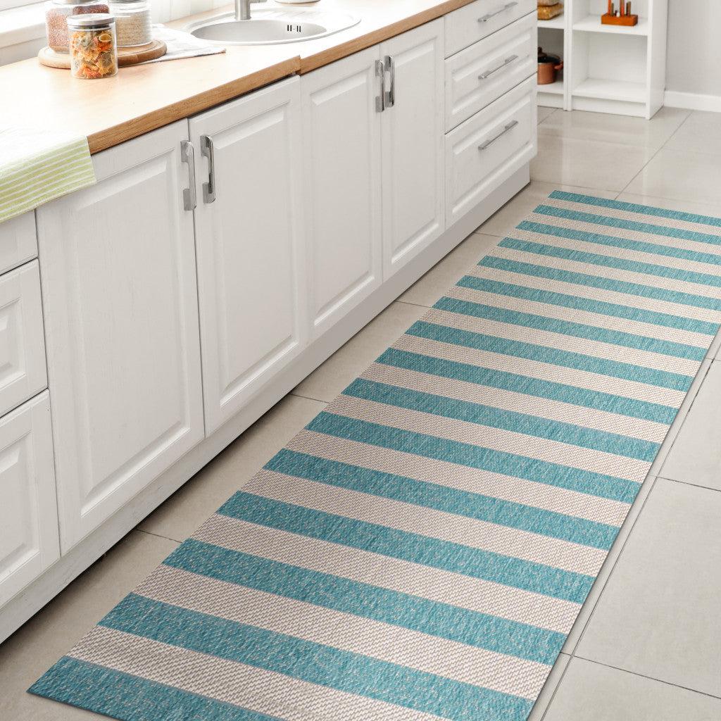8' Aqua And Cream Striped Indoor Outdoor Runner Rug - GreatEagleInc