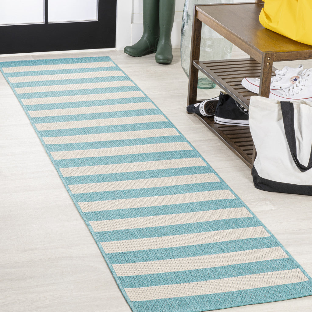 8' Aqua And Cream Striped Indoor Outdoor Runner Rug - GreatEagleInc