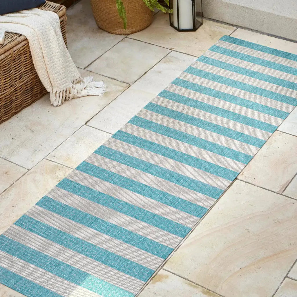 8' Aqua And Cream Striped Indoor Outdoor Runner Rug - GreatEagleInc