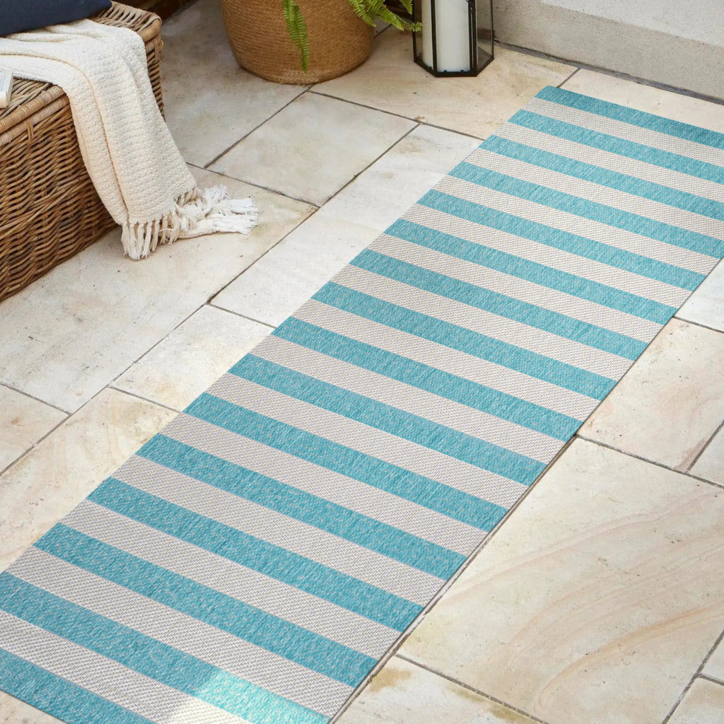 8' Aqua And Cream Striped Indoor Outdoor Runner Rug - GreatEagleInc