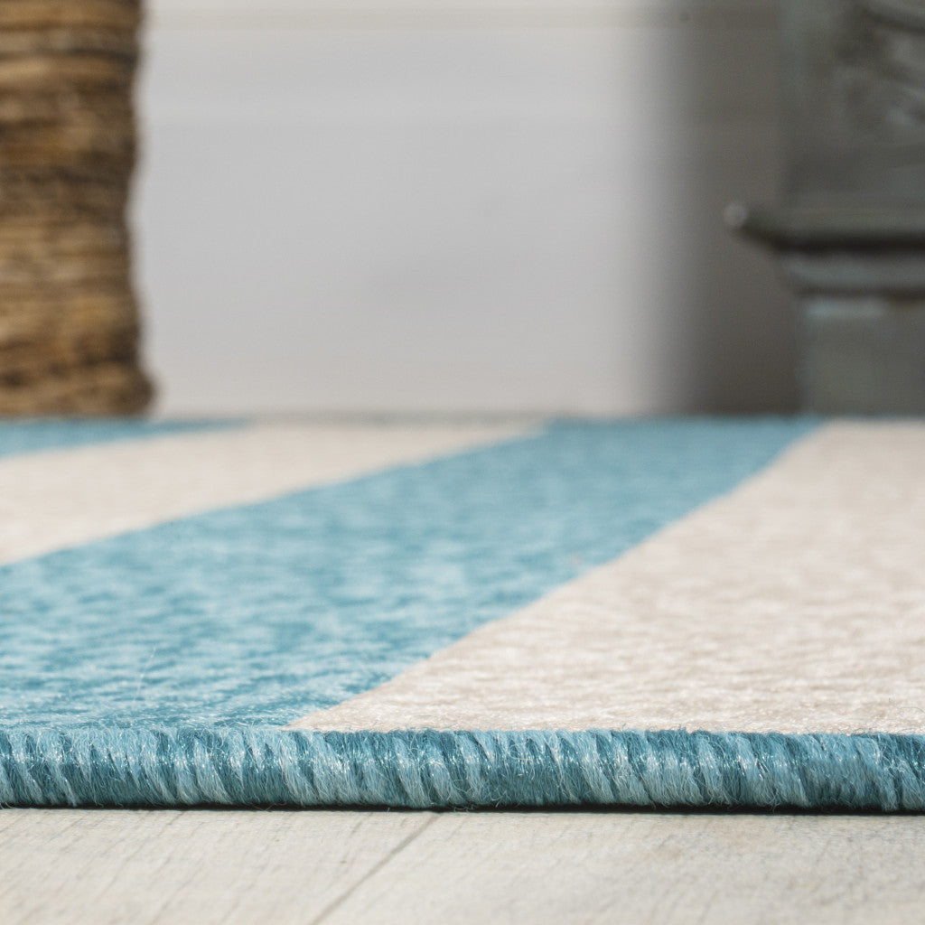 8' Aqua And Cream Striped Indoor Outdoor Runner Rug - GreatEagleInc
