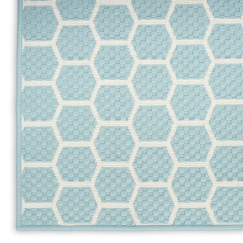 8' Aqua And Ivory Geometric Indoor Outdoor Runner Rug Homeroots Outdoor
