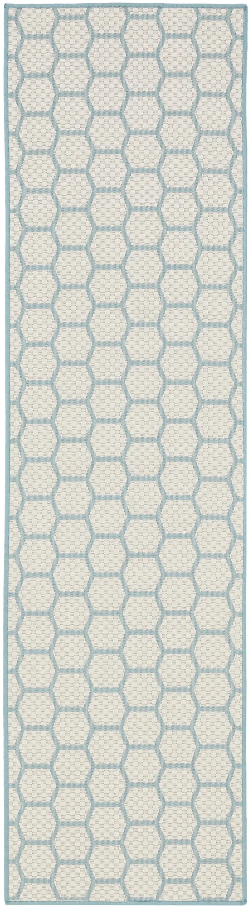 8' Aqua And Ivory Geometric Indoor Outdoor Runner Rug Homeroots Outdoor
