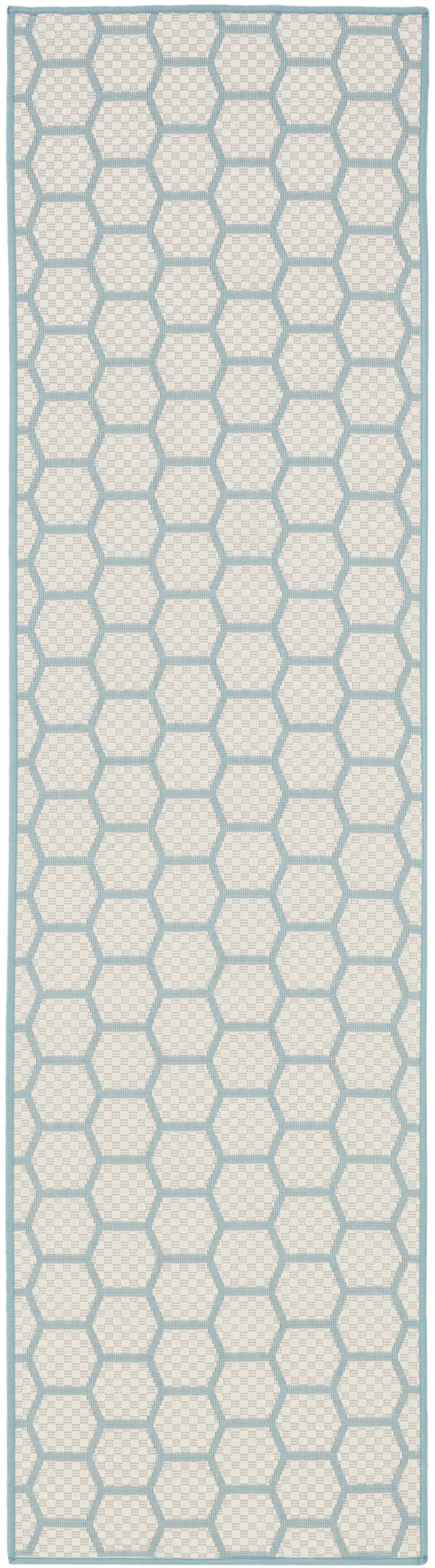 8' Aqua And Ivory Geometric Indoor Outdoor Runner Rug Homeroots Outdoor
