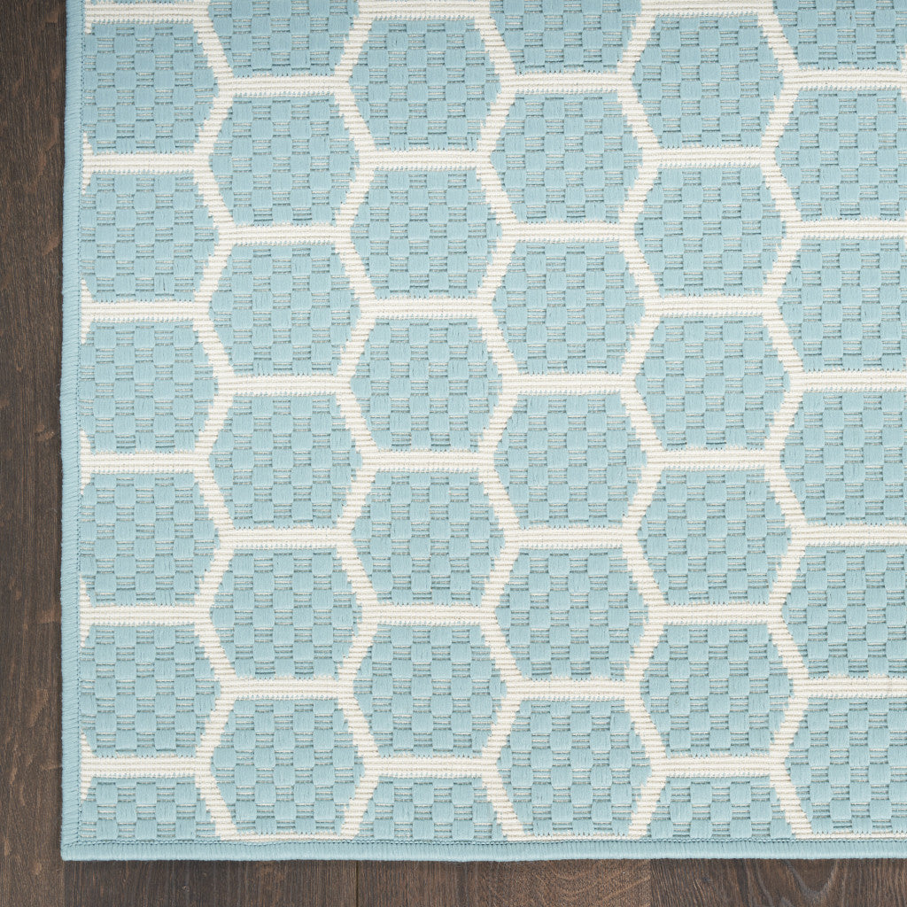 8' Aqua And Ivory Geometric Indoor Outdoor Runner Rug Homeroots Outdoor