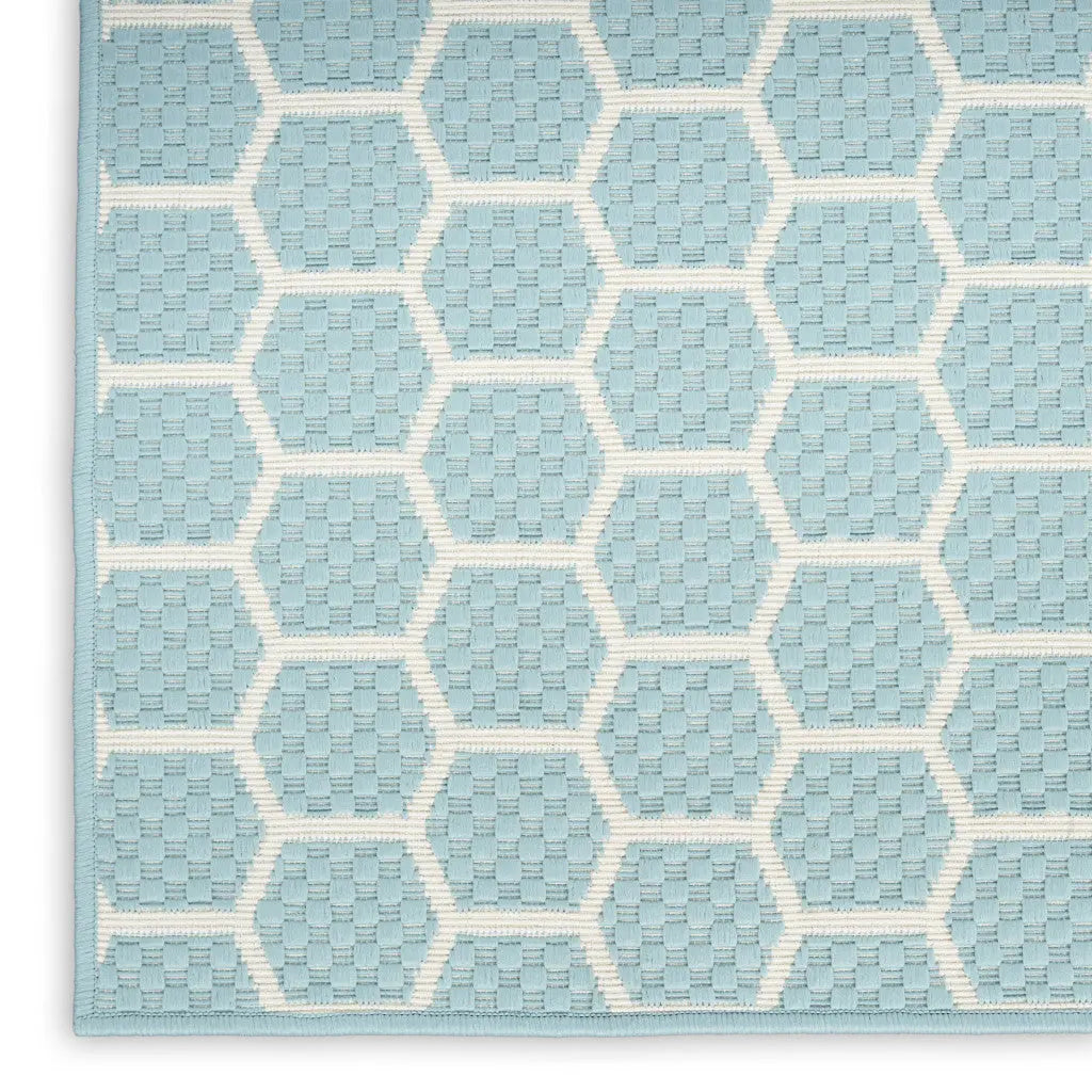 8' Aqua And Ivory Geometric Indoor Outdoor Runner Rug Homeroots Outdoor