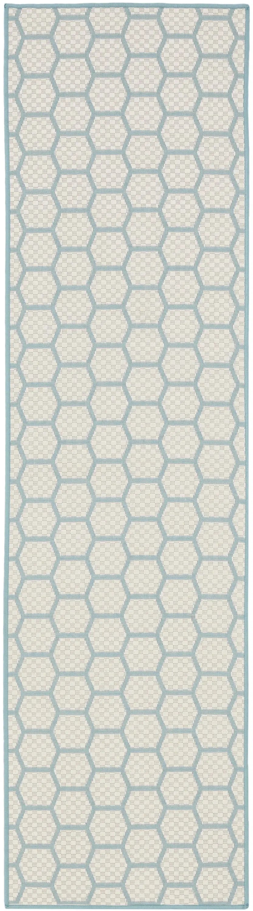 8' Aqua And Ivory Geometric Indoor Outdoor Runner Rug Homeroots Outdoor