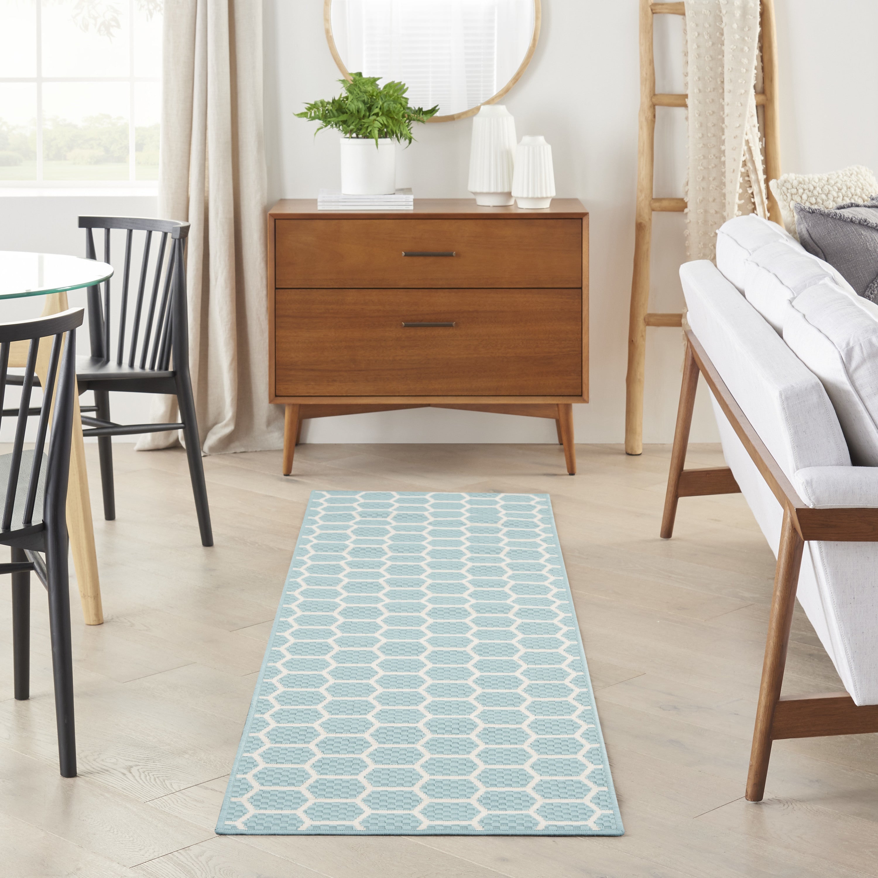 8' Aqua And Ivory Geometric Indoor Outdoor Runner Rug Homeroots Outdoor