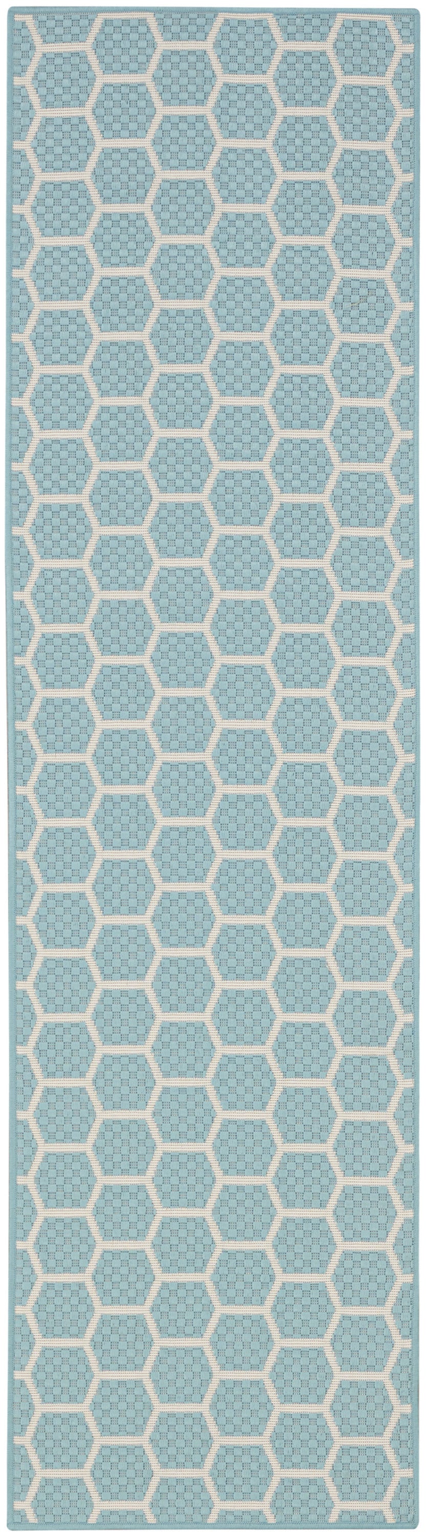8' Aqua And Ivory Geometric Indoor Outdoor Runner Rug Homeroots Outdoor