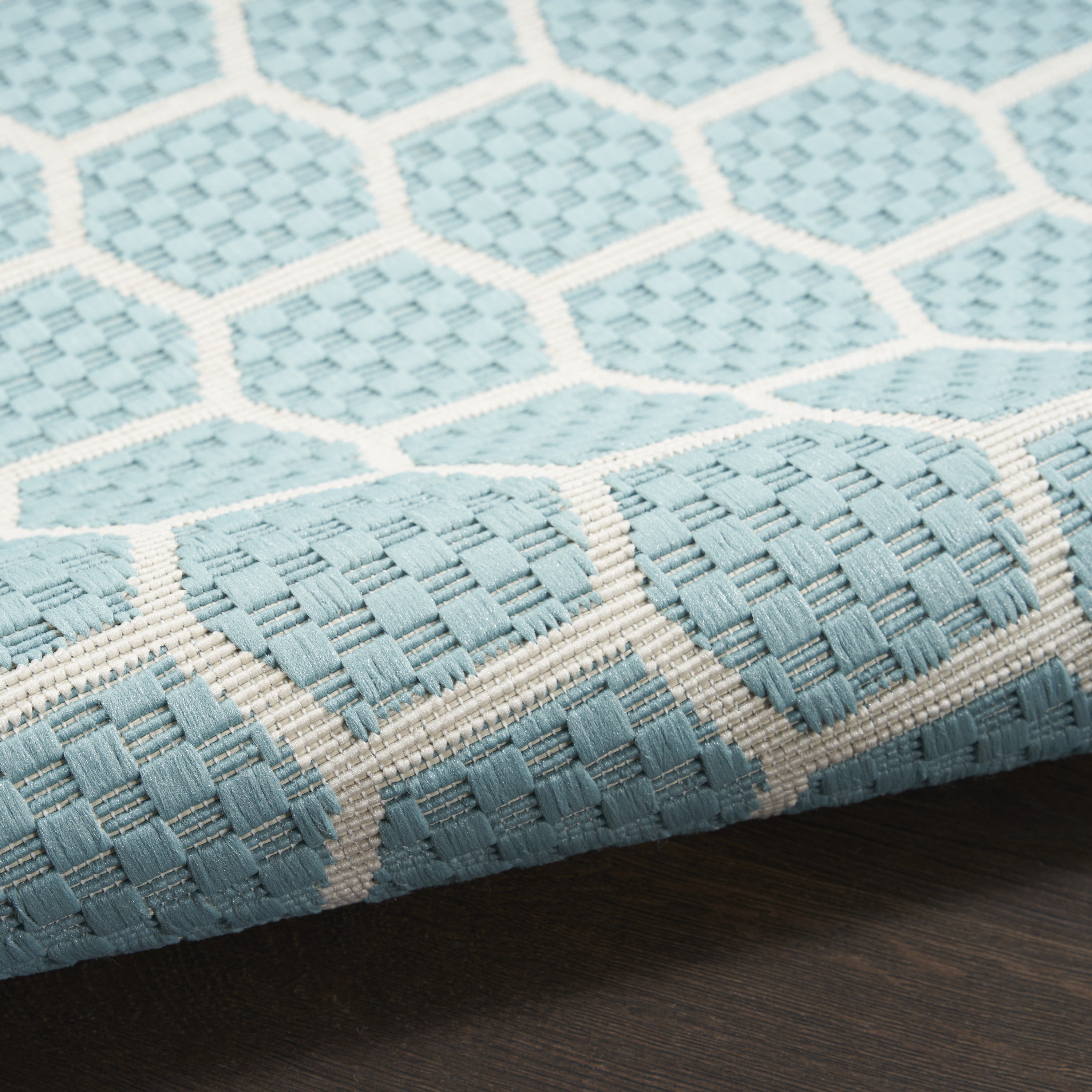 8' Aqua And Ivory Geometric Indoor Outdoor Runner Rug Homeroots Outdoor