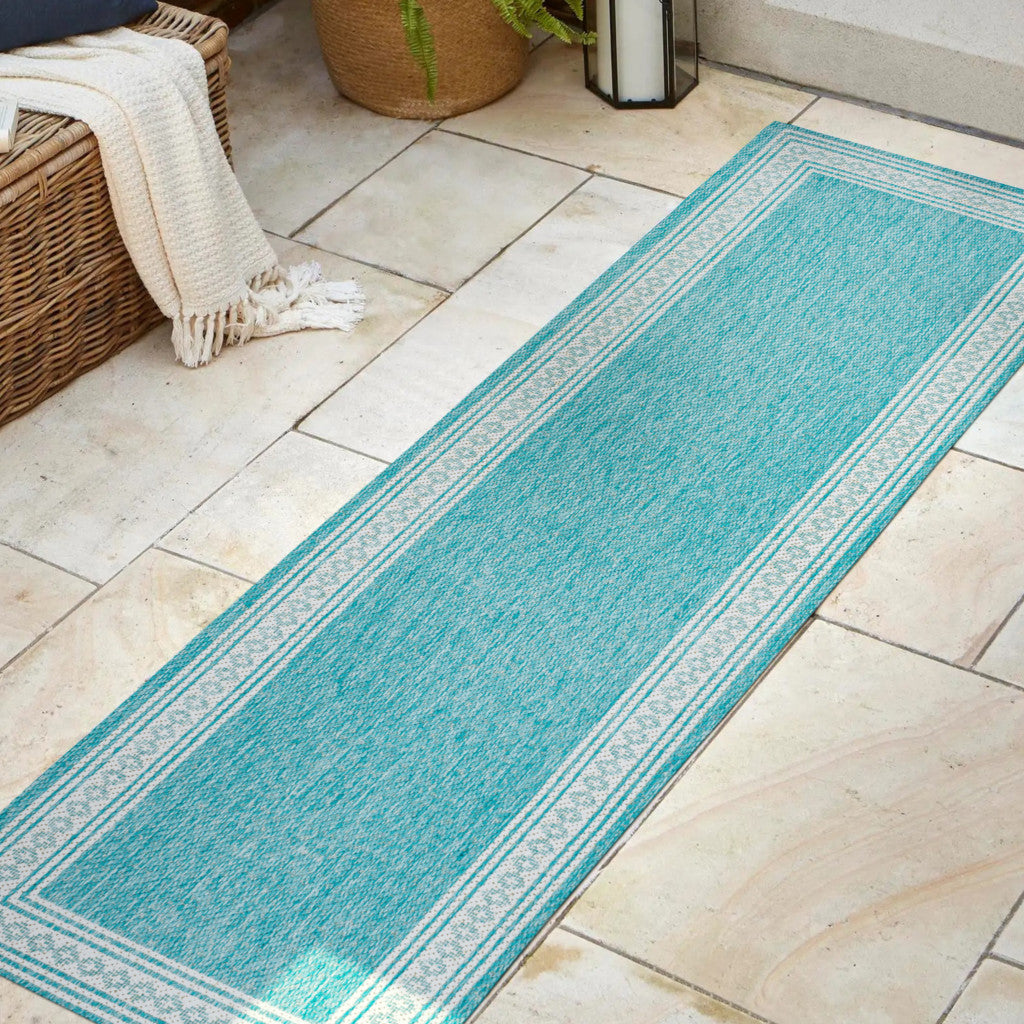 8' Aqua And Light Gray Indoor Outdoor Runner Rug - GreatEagleInc