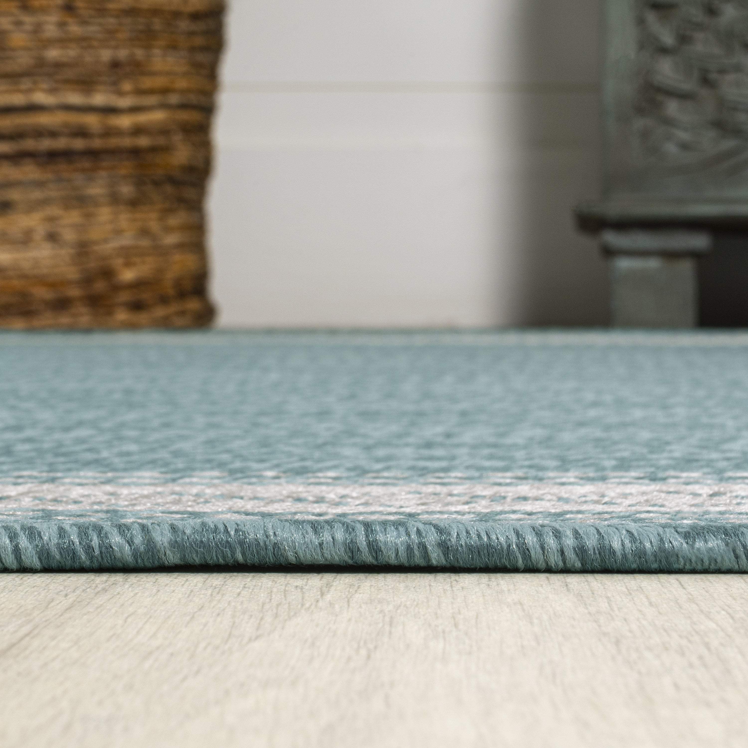 8' Aqua And Light Gray Indoor Outdoor Runner Rug - GreatEagleInc