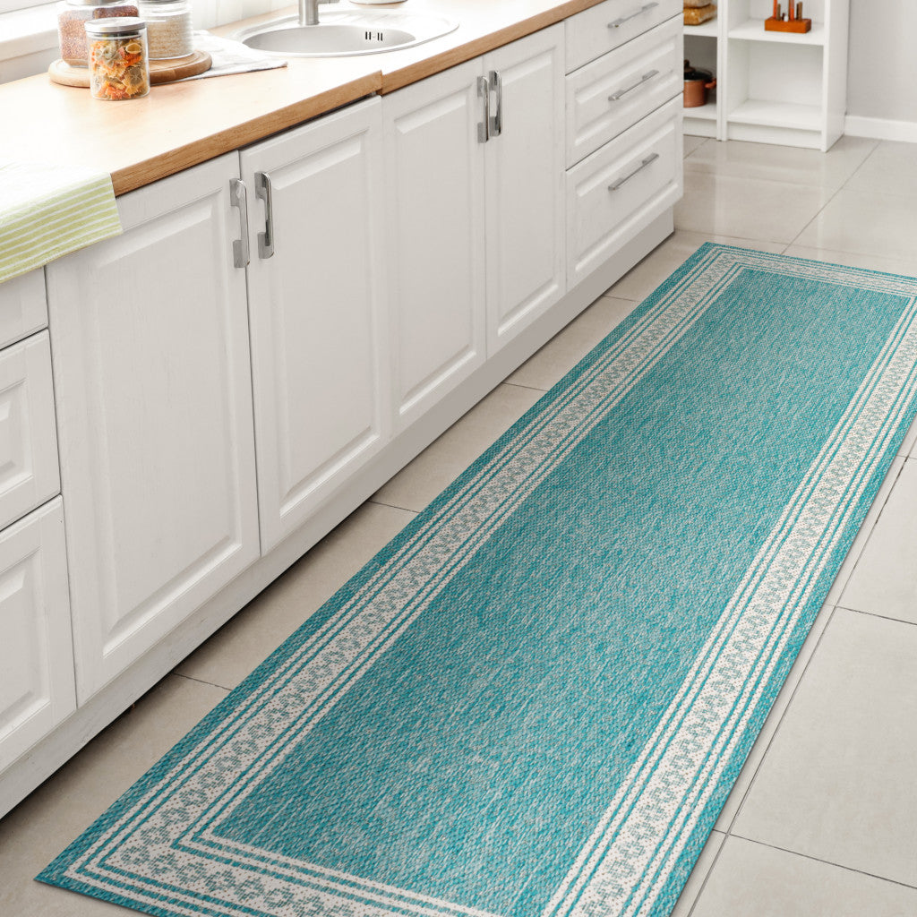 8' Aqua And Light Gray Indoor Outdoor Runner Rug - GreatEagleInc