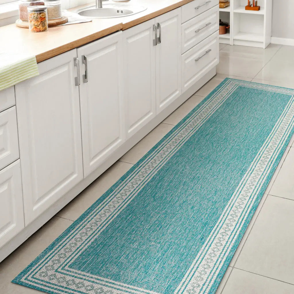 8' Aqua And Light Gray Indoor Outdoor Runner Rug - GreatEagleInc