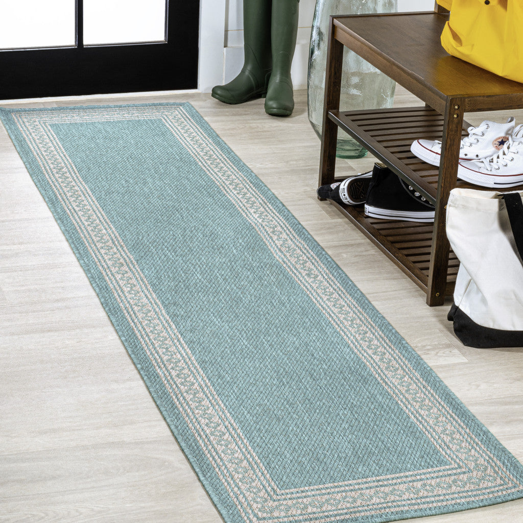 8' Aqua And Light Gray Indoor Outdoor Runner Rug - GreatEagleInc